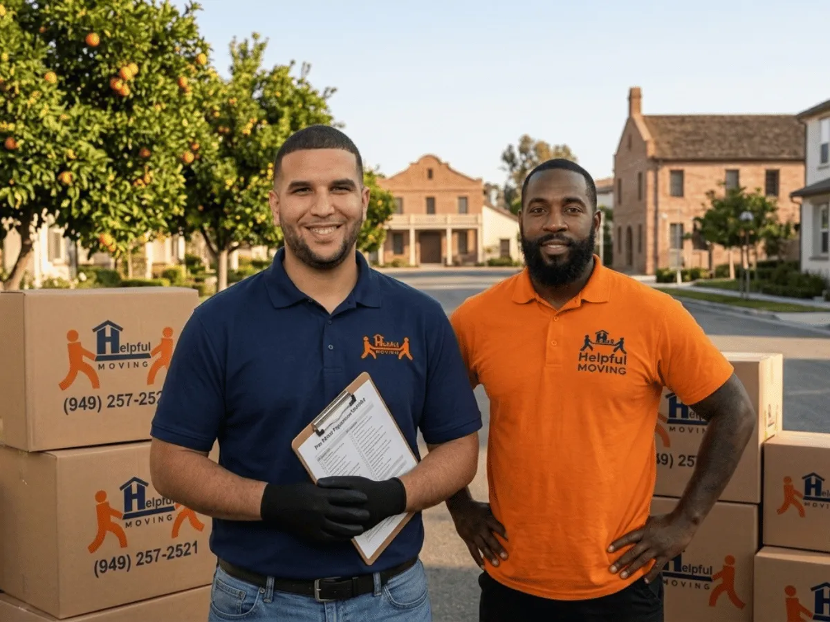 Helpful Moving crew carrying wrapped furniture during an Orange County residential move