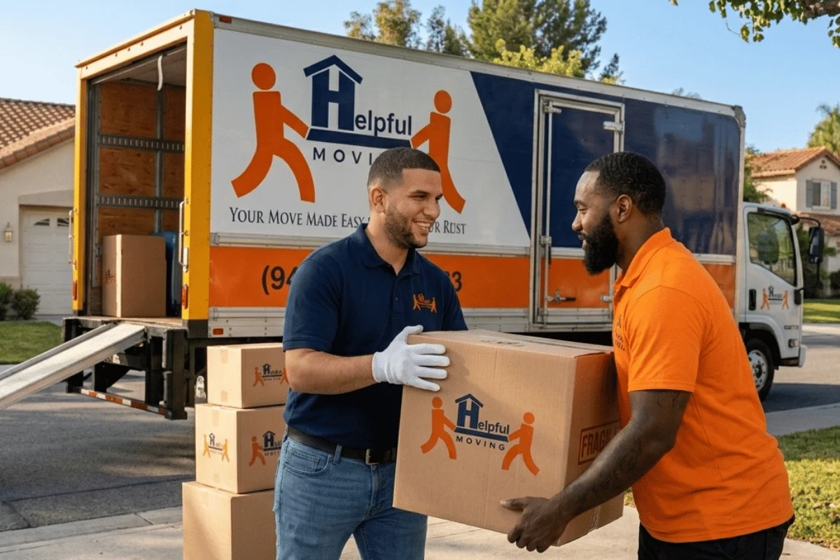 Helpful Moving truck departing Orange County on a long-distance move