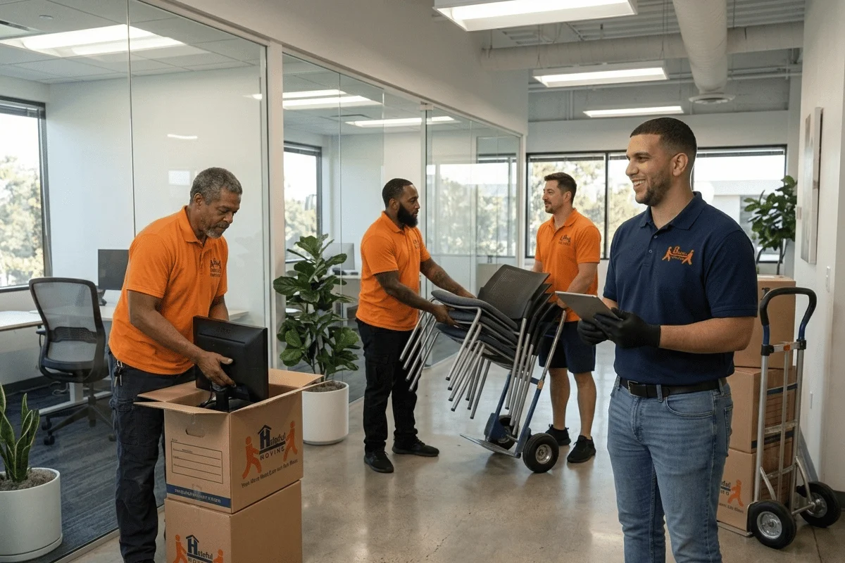 Helpful Moving crew handling a commercial office relocation in Orange County CA