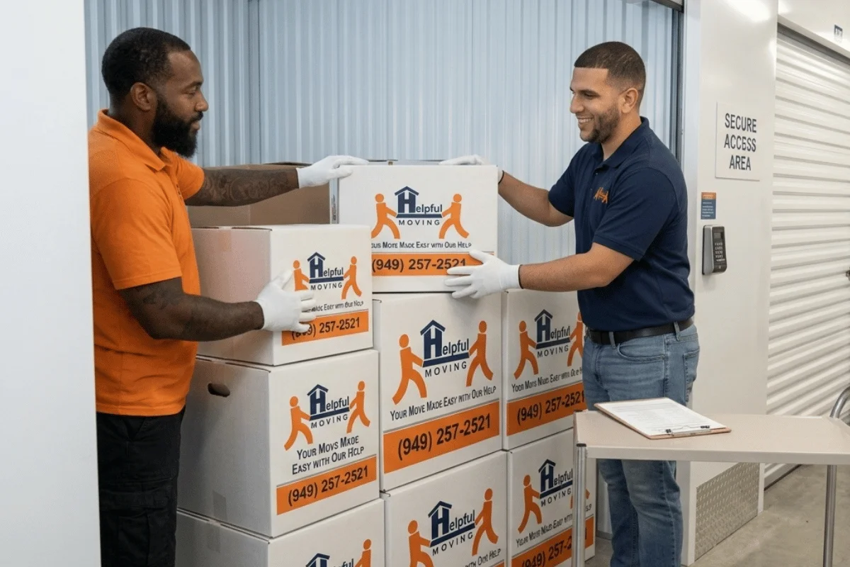 Helpful Moving owner Noah organizing items in a climate-controlled storage facility in Orange County CA